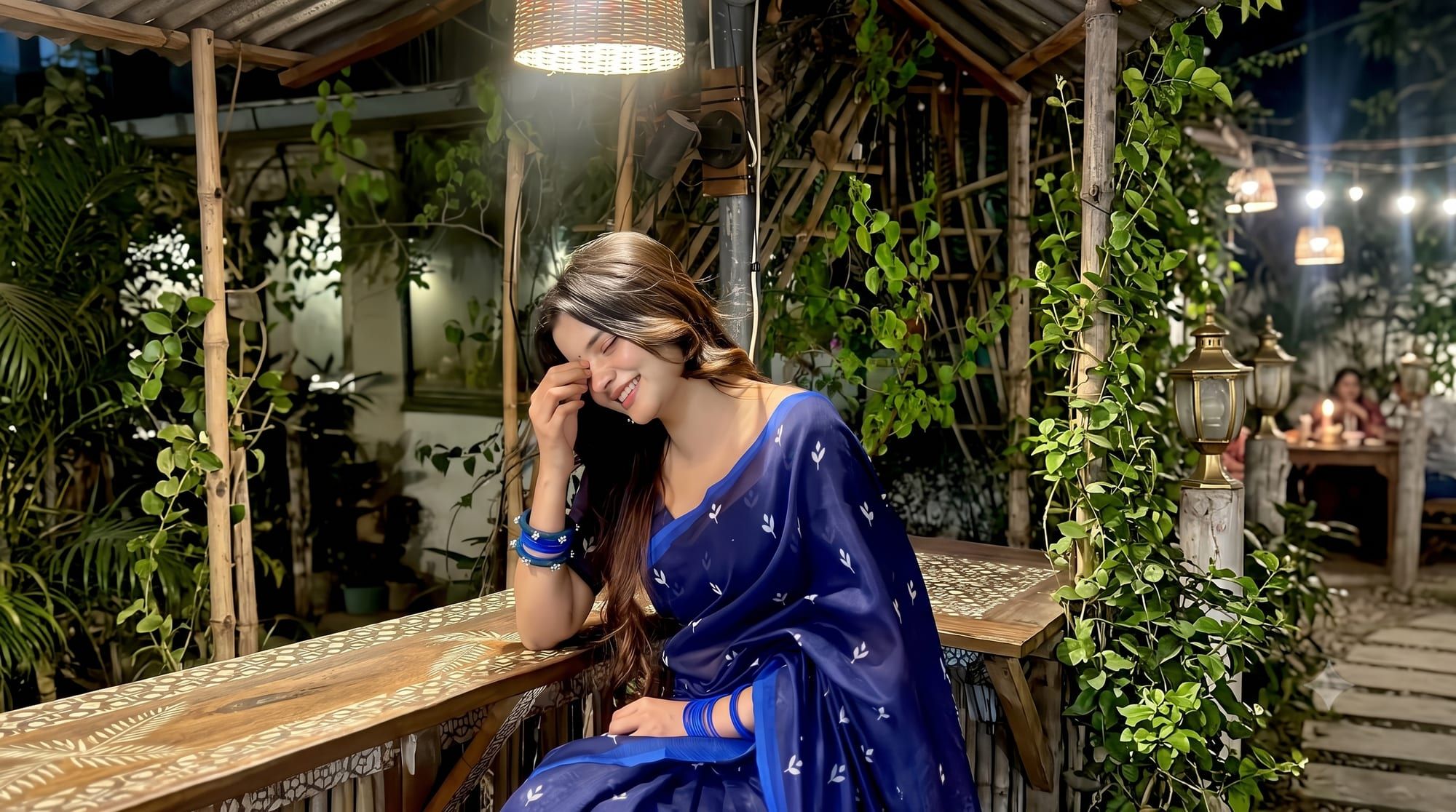 Priya Menon in a blue jamdani sari, photographed for Bindee Issue 01